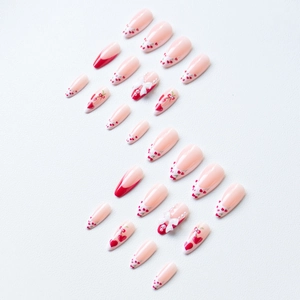 24pcs French cherry press-on nails with bow and pearl accents on almond base