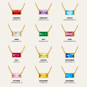 Detailed grid showing 12 different colorful birthstone pendant necklaces in gold finish