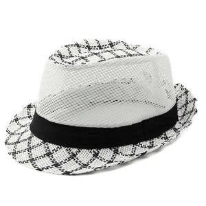 Men's breathable mesh straw fedora hat with plaid patterns and black ribbon band