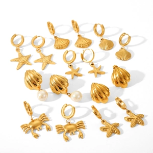 Elegant 18K gold-plated stainless steel marine series earrings with crab and starfish charms