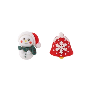 Detailed view of asymmetric Christmas earrings featuring a snowman and red snowflake bell charms