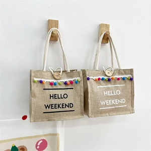 Hello Weekend Slogan Jute Tote Bag With Colorful Pom Poms And Wooden Button Closure Casual Beach Handbag