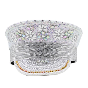 White bridal captain hat with sparkling rhinestones and pearls for party and wedding photography