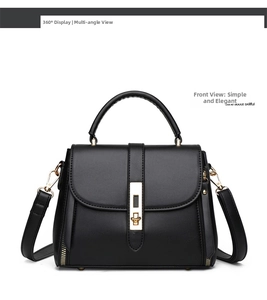 Front view of black soft leather crossbody bag with gold buckle and stylish top handle