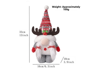 Detailed size chart for Christmas gnome doll with antlers and knitted hat, 33cm in height