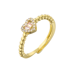 Adjustable gold heart ring with pink micro-set cubic zirconia and beaded band design