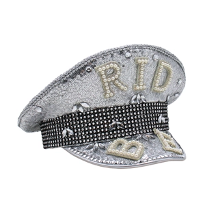 Sparkly silver sequin bride captain hat with white pearl letters and rhinestone trim