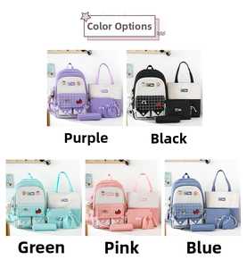 Five-piece campus backpack set in five colors featuring backpacks and tote bags