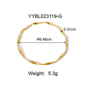 Golden Mobius bangle with twisted stripe design showing 6.48cm diameter measurements