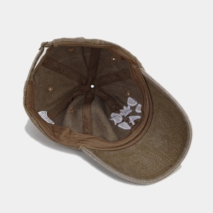 Brown cotton washed baseball cap with DOG DAD embroidery and adjustable metal buckle