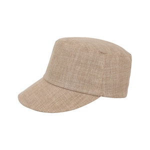 Minimalist light brown linen equestrian flat top cap for women with textured fabric finish