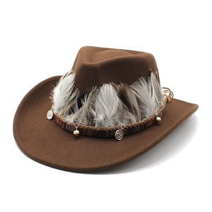 Western Cowboy Hat Wool Felt Ethnic Bohemian Style Wide Brim Fedora With Feather Metal Coins And Beads For Men Women