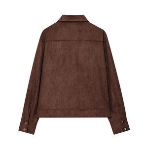 Back view of a vintage dark brown faux suede jacket with a minimalist slim-fit design