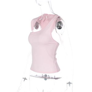 Side view of pink sleeveless slim fit top with smooth fabric on transparent mannequin