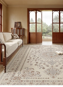 Macro view of vintage European floral pattern on a beige luxury living room carpet