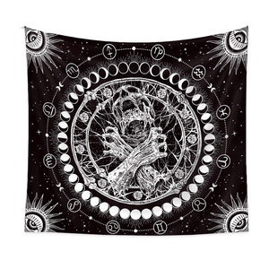 Gothic black and white skull tapestry with moon phases and zodiac motifs for wall decor