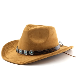Brown faux suede western cowboy hat with turquoise beaded leather band and curved brim