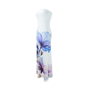 Detail of white tube maxi dress with artistic blue and purple floral watercolor print