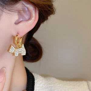 Close-up of model wearing gold puppy dog hoop earrings with sparkling zircon stones