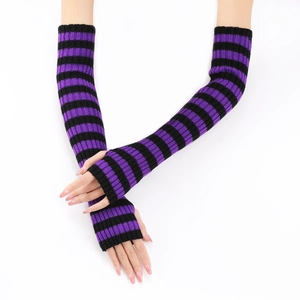 Detail of long purple and black striped knit arm warmers with fingerless design