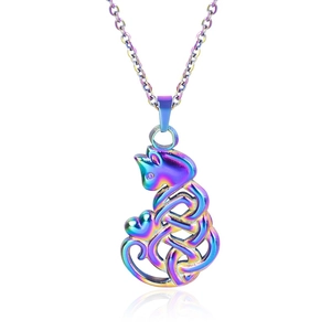 Rainbow plated stainless steel cat pendant necklace with heart detail on white background