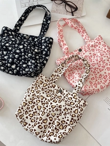 Damen Cord Handtasche Mit Herz Leopardenmuster Mode Ins Leichte Einkaufstasche Mit Druckknopf Verschluss