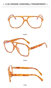 Three-view display of orange hawksbill polarized pilot sunglasses with retro oversized frames