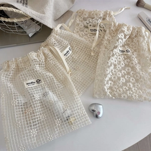 Daisy Embroidery Mesh Lace Drawstring Storage Bag Travel Cosmetic Pouch Jewelry Organizer Zakka Style Lightweight