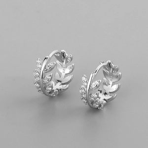Elegant S925 sterling silver hoop earrings with olive leaf design and sparkling cubic zirconia
