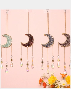 Set of four moon crystal dreamcatchers with multi-colored stones and prism drops