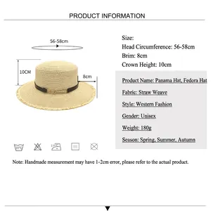 Flat top straw sun hat with leather belt and metal buckle for outdoor summer sun protection