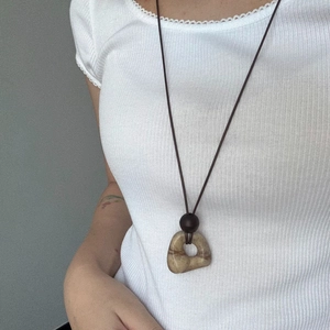 Resin wood geometric square pendant necklace with brown marble pattern for women