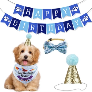 Blue Happy Birthday dog party set with sequin bowtie glitter hats and bandana