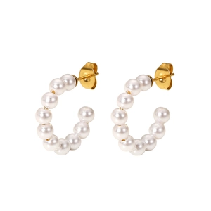 Elegant gold titanium steel C-shaped earrings with multiple white pearls on white background