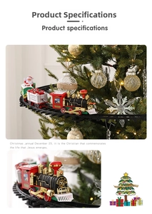 Close-up of electric Christmas train circling a tree with festive gift carriages