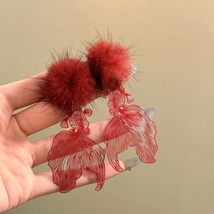 Elegant red faux fur ball and hollow-out koi fish drop earrings for women in festive style