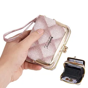 Mini multi-functional zip accordion wallet with wristlet and metal frame for women