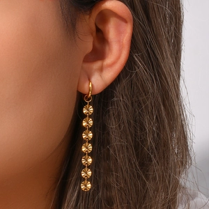 Elegant 18K gold plated stainless steel long drop earrings with seven snowflake sunburst discs
