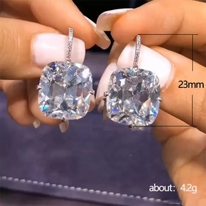 Elegant silver square cushion-cut zircon drop earrings for women, 23mm height
