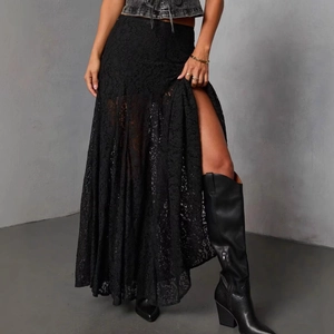 Black Lace Sheer Maxi Skirt With Side Slit Mid Waist See Through Elegant Streetwear Style For Women