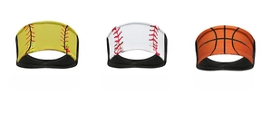 Detailed view of elastic sports headbands with baseball, softball, and basketball patterns