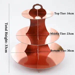 Three-tier paper dessert stand dimensions showing 33cm height and layered tray diameters
