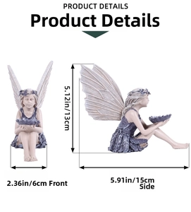 Front and side views of purple flower fairy resin sculpture with delicate wings