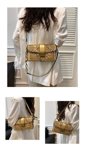 Three-way view of a snake print crossbody bag with gold chain and vintage lock detail