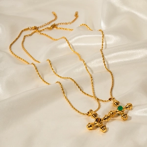 18k gold plated stainless steel cross necklaces with red and green tiger eye stones