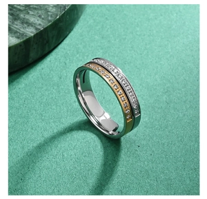 Macro detail of dual-tone titanium steel ring with double-row crystals on mint background