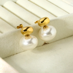Geometric Oval ABS Artificial Pearl Stud Earrings 316L Stainless Steel 16K Gold Plated Minimalist Elegant Jewelry For Women