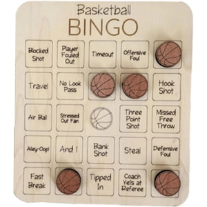 Close-up of wooden Basketball Bingo board with engraved terms and basketball-shaped markers