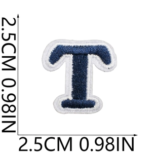 Mini navy blue embroidered letter T patch with white border measuring 0.98 inches