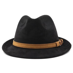 Detailed view of the brown suede band and gold buckle on this classic black fedora hat